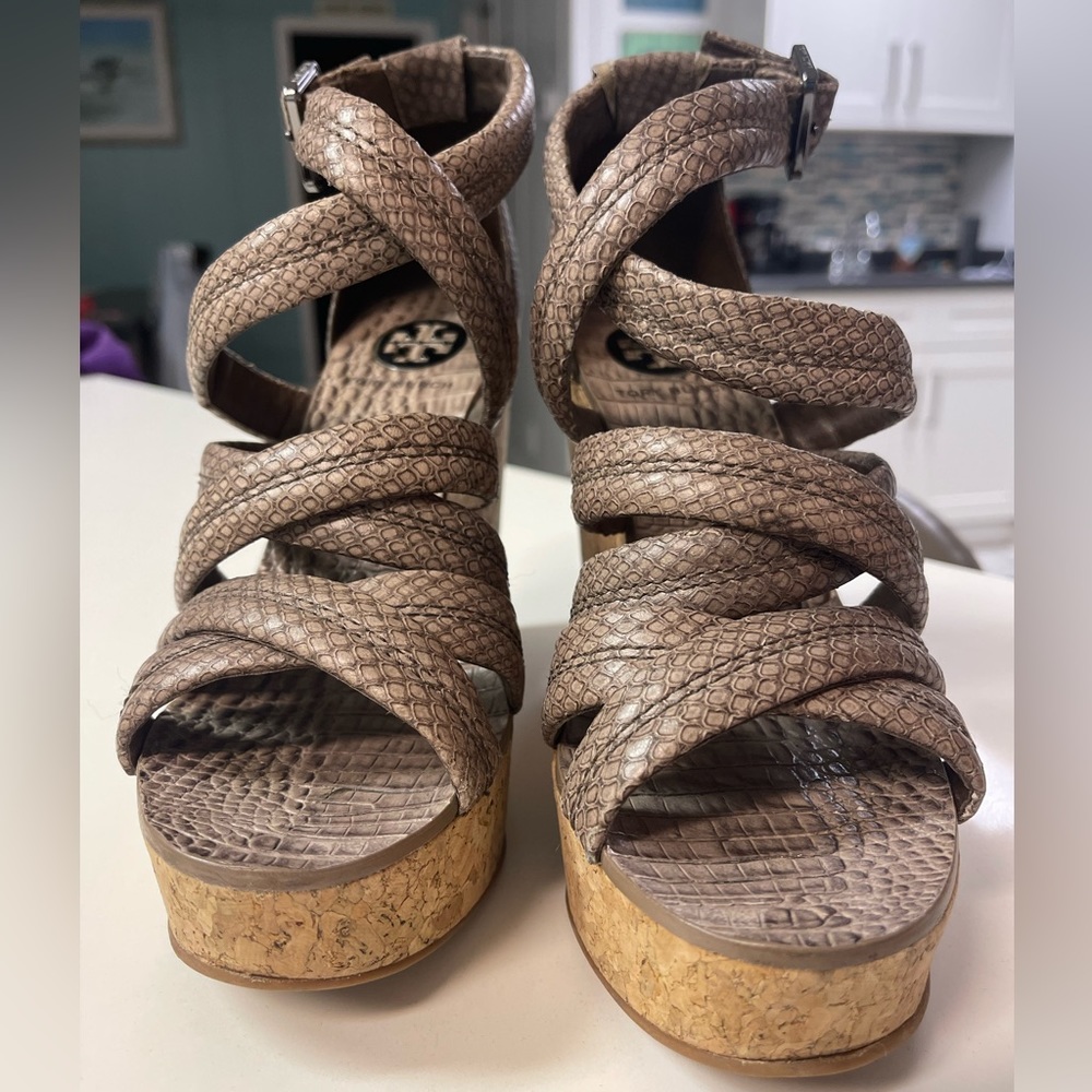 Tory Burch Taupe Python Embossed Leather
Strappy Cork Wedge Sandals Size 7